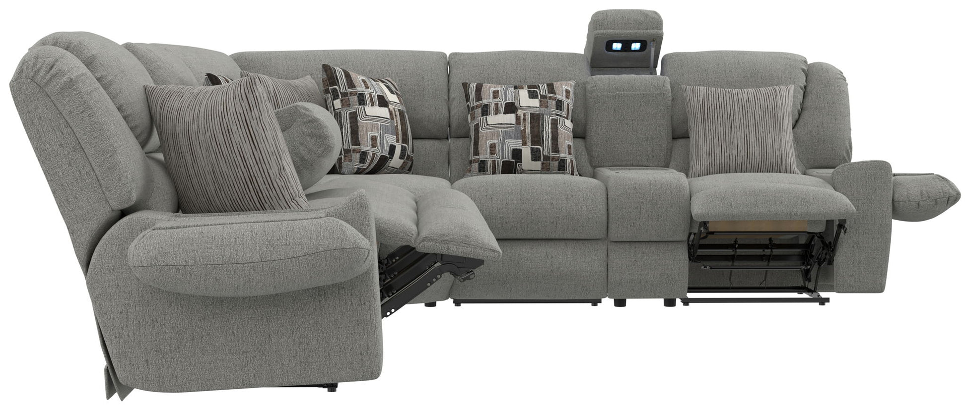 Quinn - 3 Piece Reclining Sectional With 4 Reclining Seats, Storage Arms, Storage Console With Lights, And Drop Down Table - Nature - Hornell Furniture Outlet