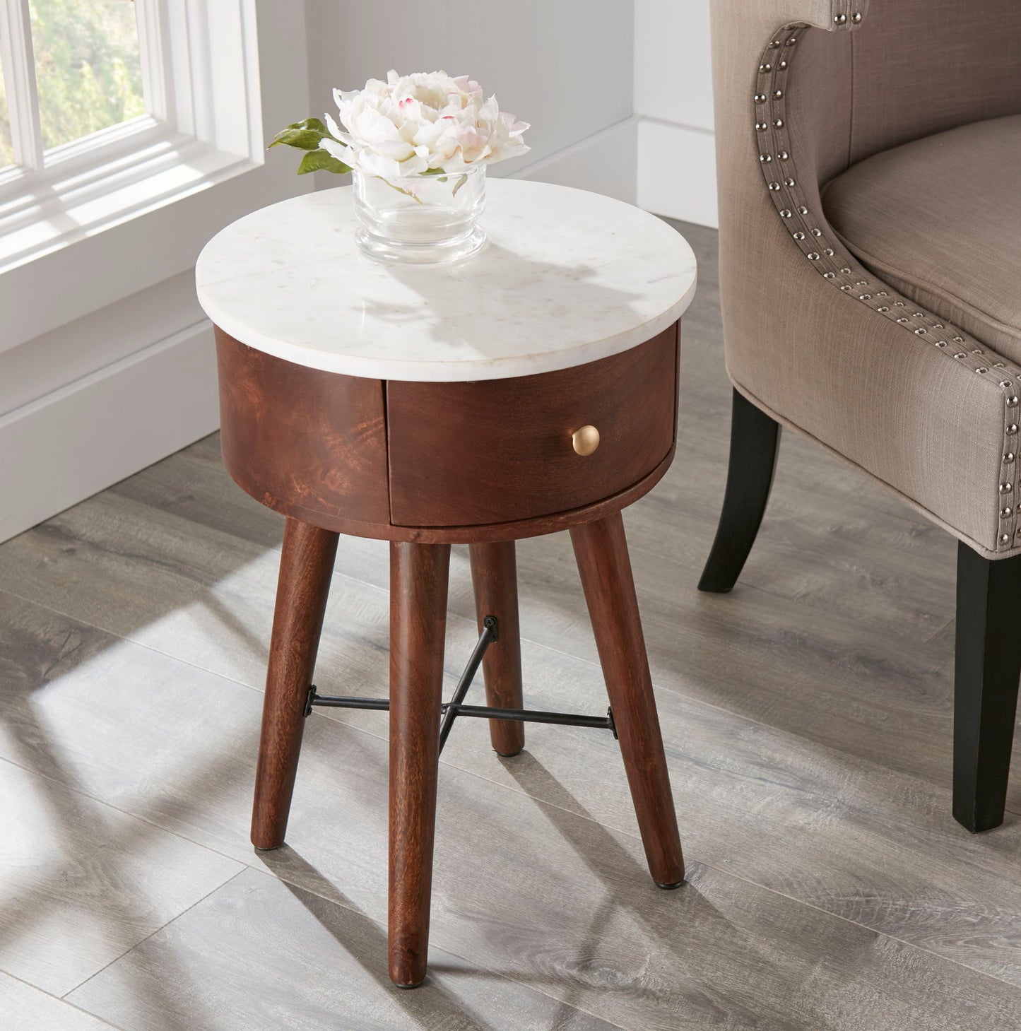 Bangalore - White Marble Top Round End Table - White - Hornell Furniture Outlet