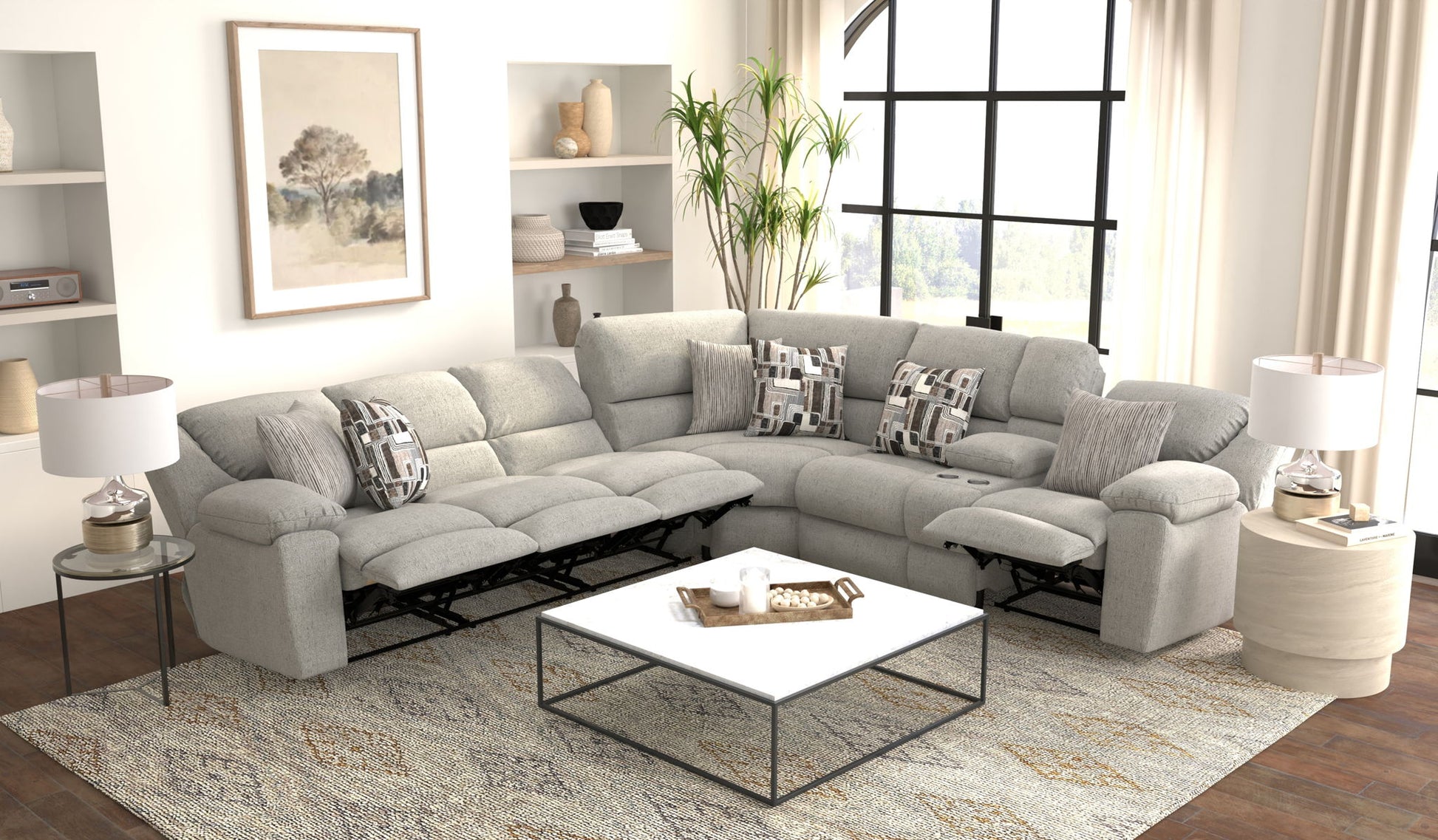 Quinn - 3 Piece Reclining Sectional With 4 Reclining Seats, Storage Arms, Storage Console With Lights, And Drop Down Table - Nature - Hornell Furniture Outlet