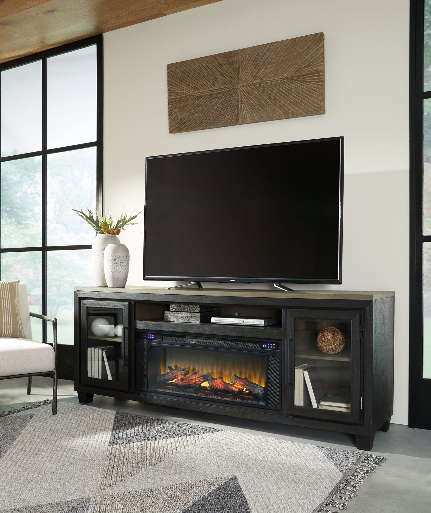 Foyland - Black / Brown - 83" TV Stand With Electric Infrared Fireplace Insert - Hornell Furniture Outlet