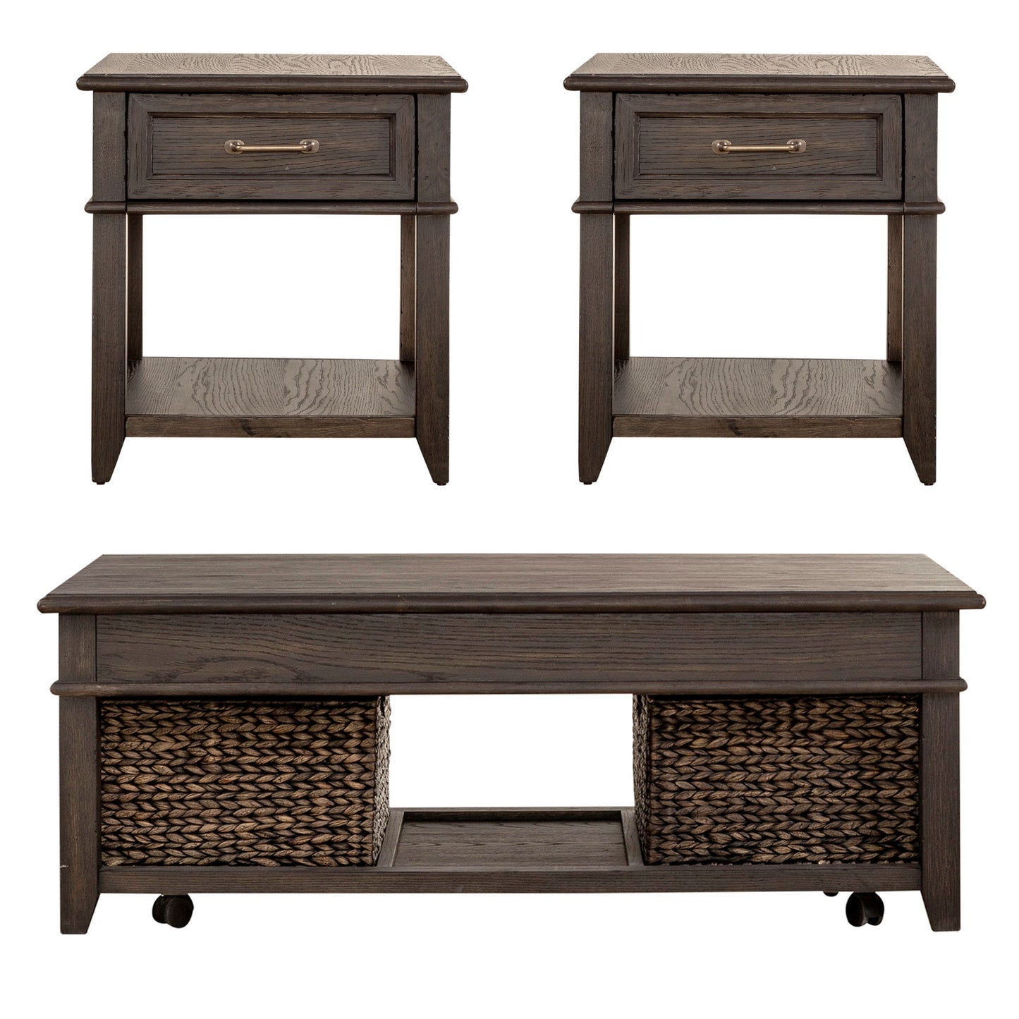 Mill Creek - 3 Piece Living Room Set (Lift Top Cocktail & 2 Drawer End Tables) - Dark Brown - Hornell Furniture Outlet
