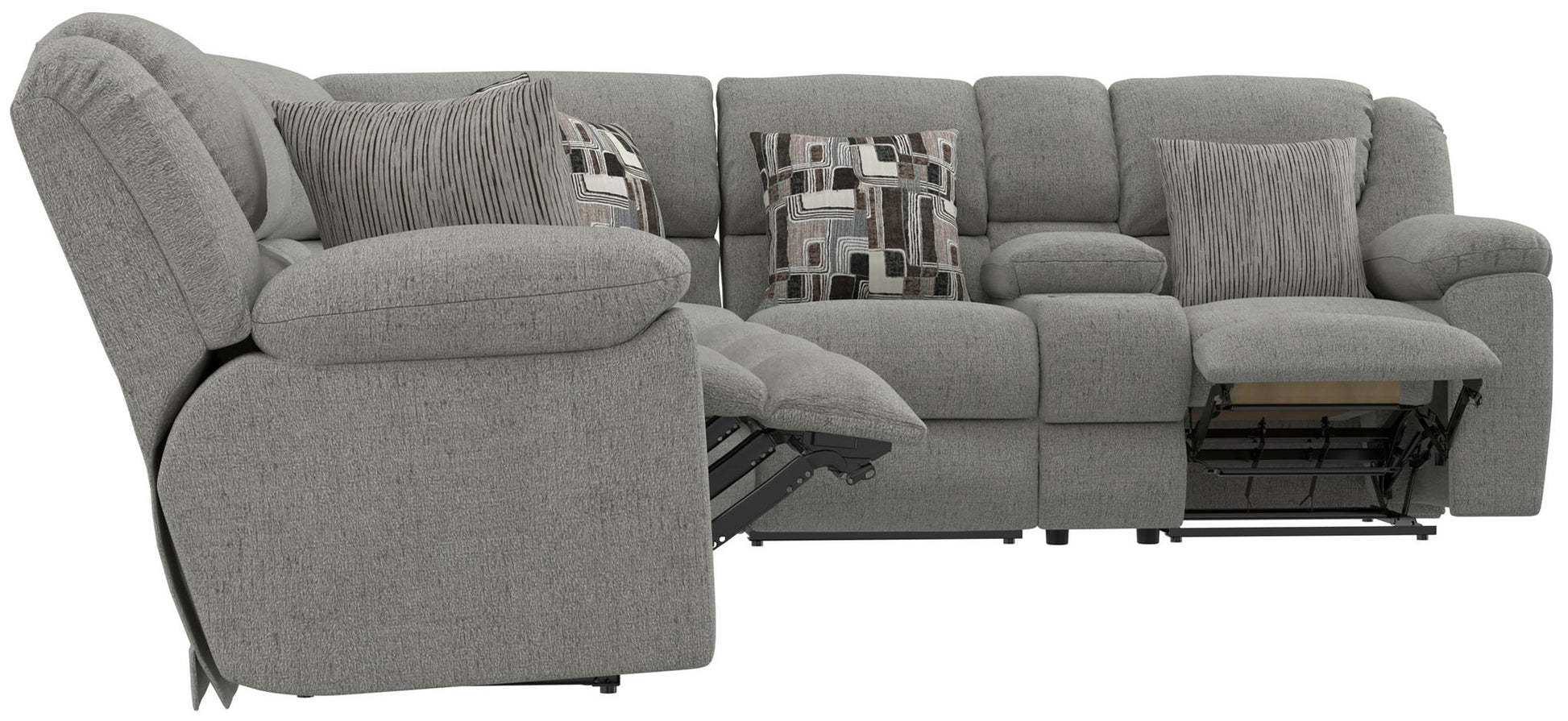 Quinn - 3 Piece Reclining Sectional With 4 Reclining Seats, Storage Arms, Storage Console With Lights, And Drop Down Table - Nature - Hornell Furniture Outlet