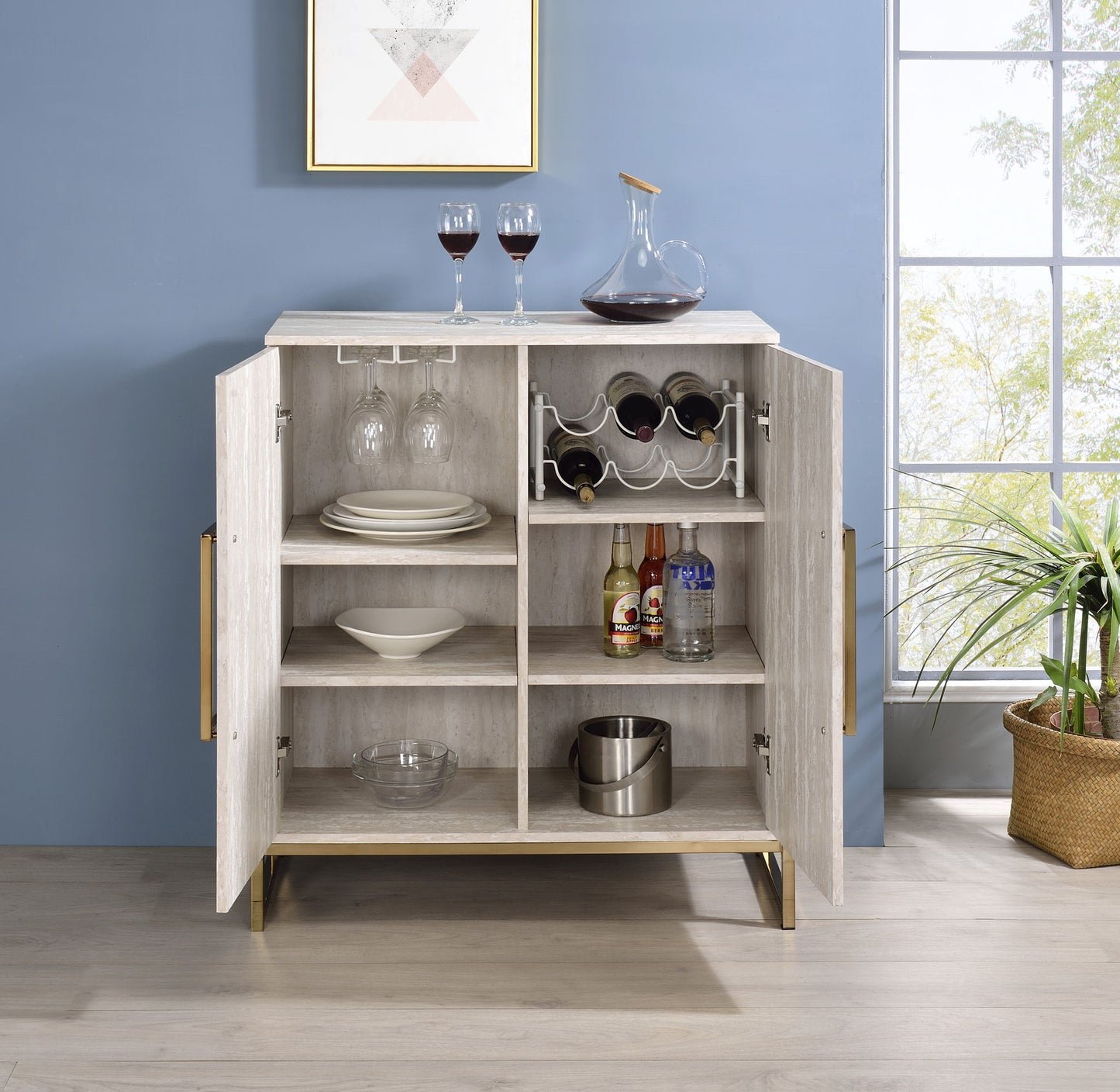 Larkin - Faux Marble Wine Cabinet - Pearl Silver - Hornell Furniture Outlet