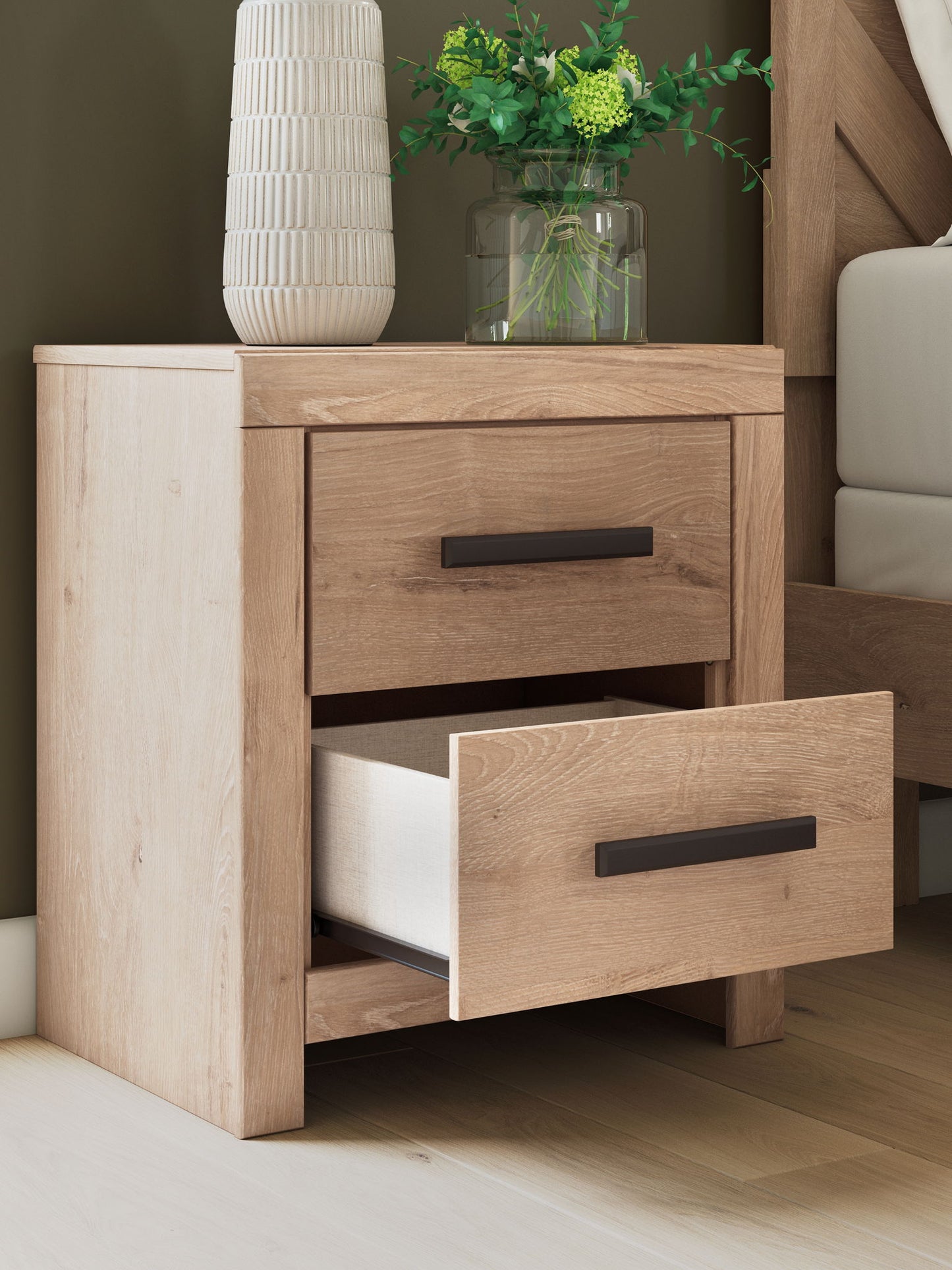 Sanginlane - Tan - Two Drawer Night Stand - Hornell Furniture Outlet