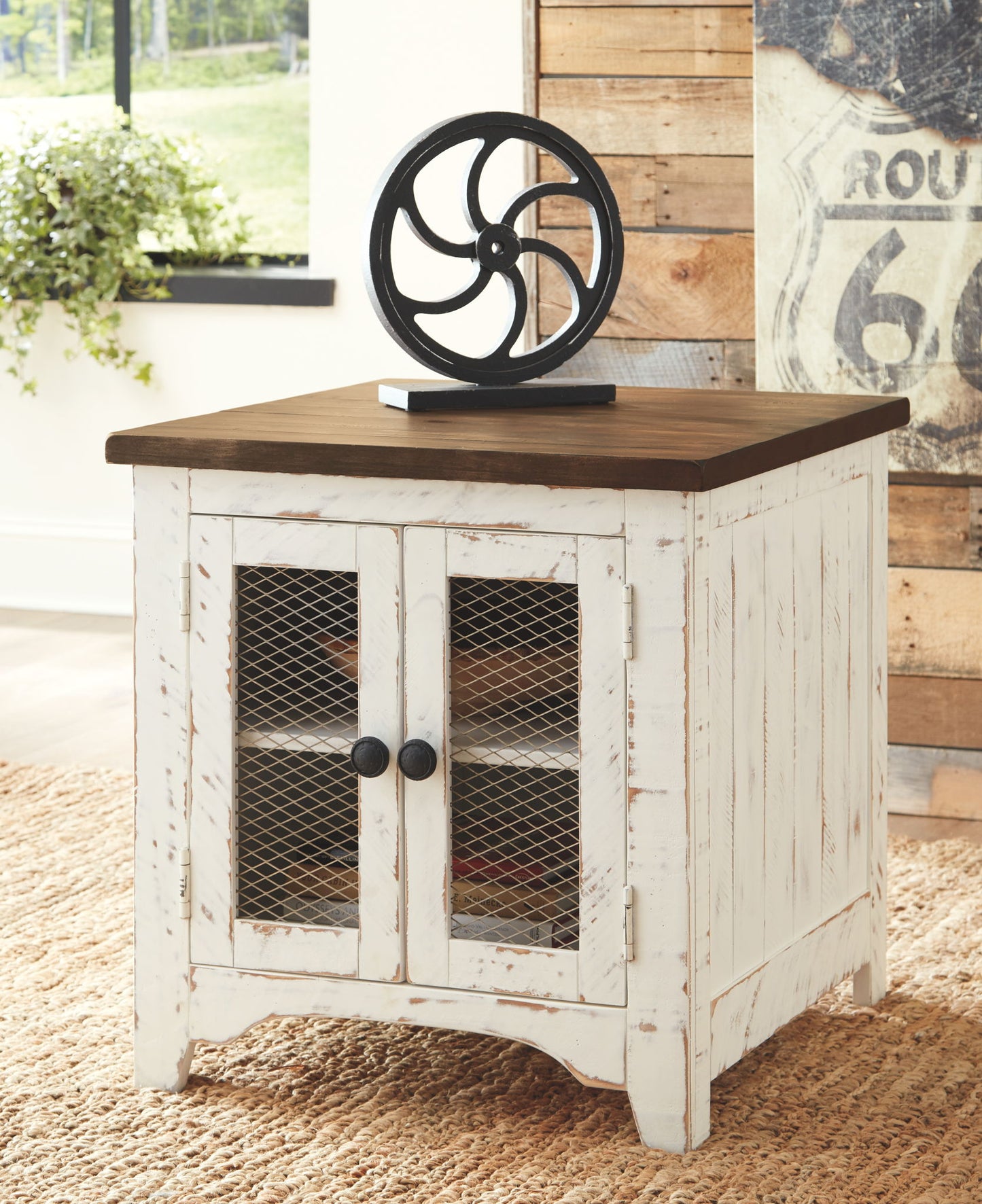 Wystfield - White / Brown - Rectangular End Table - 2 Doors - Hornell Furniture Outlet