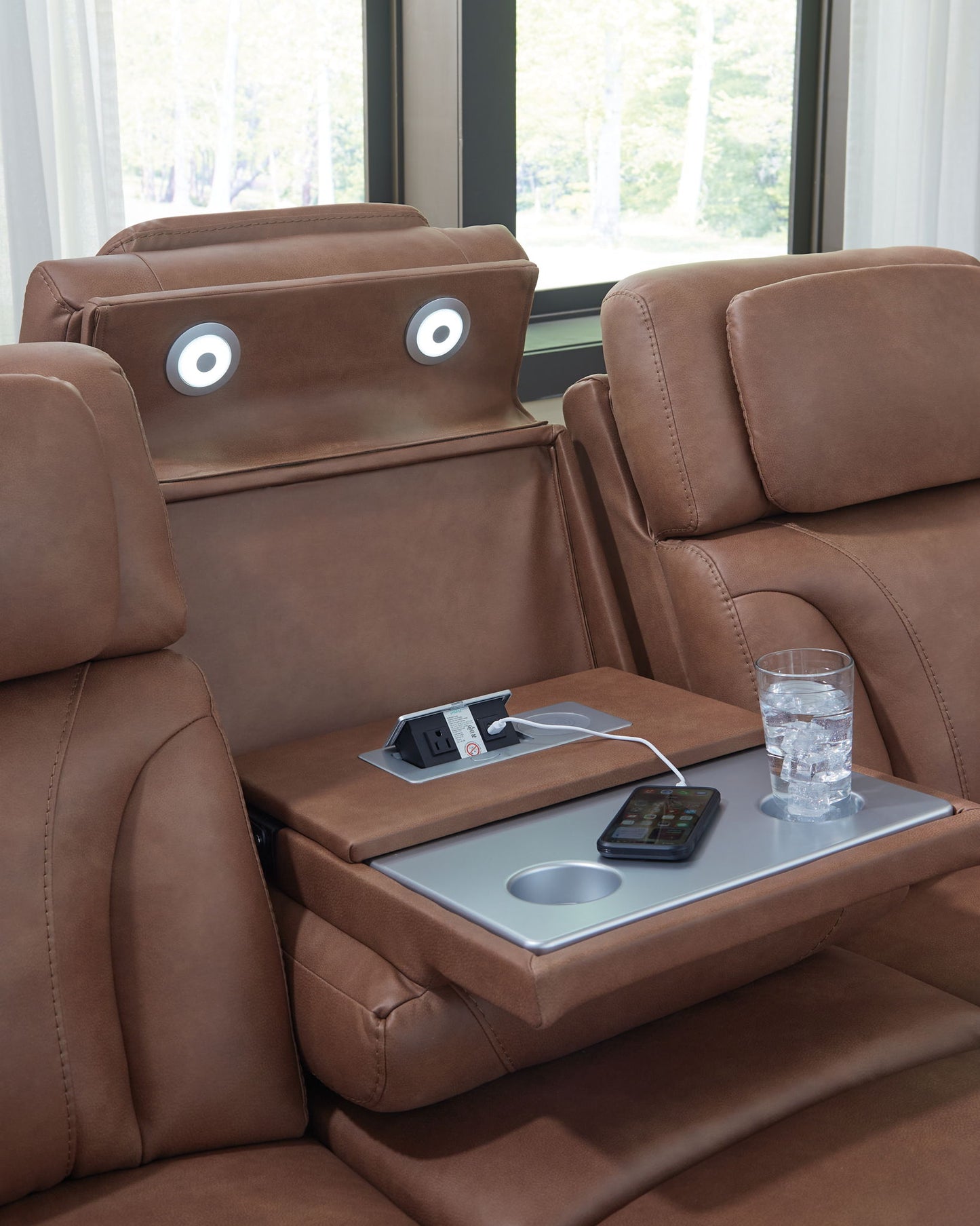 Clean - Slate - Caramel - Power Reclining Sofa / Adj Headrest - Hornell Furniture Outlet