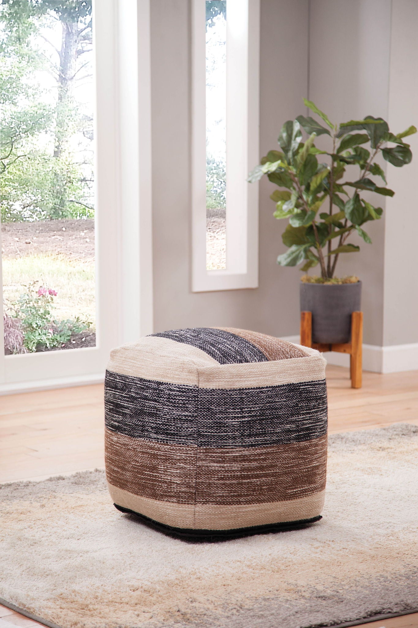Jamal - Square Handwoven Woolen Pouf - Beige - Hornell Furniture Outlet
