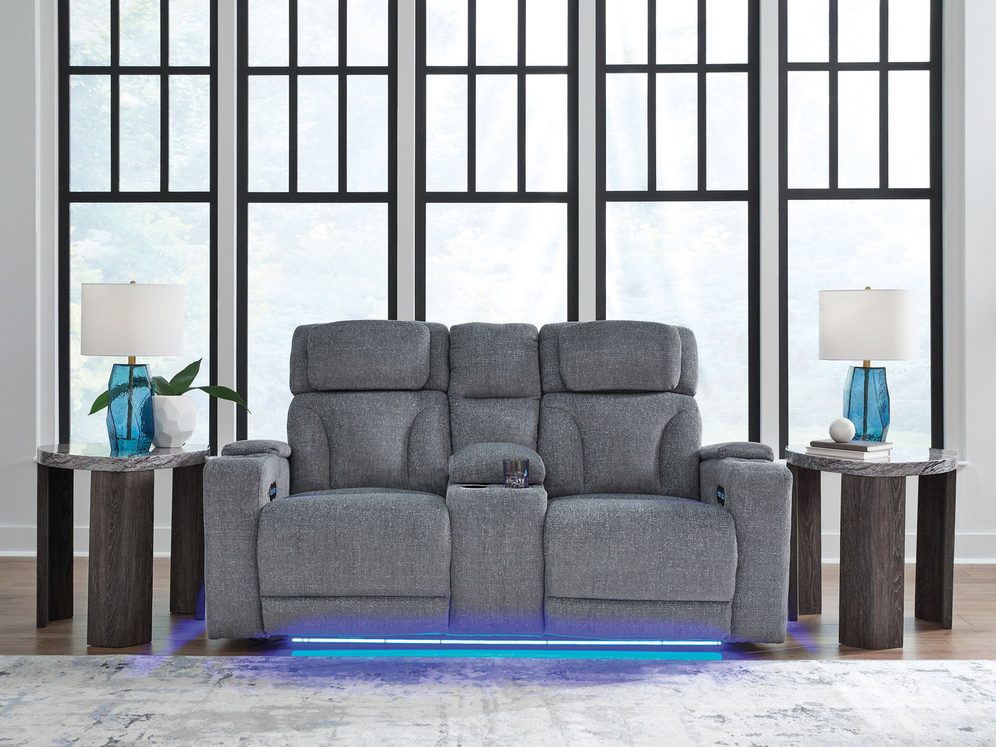 Studio Cave - Steel - Power Reclining Loveseat with Console - Hornell Furniture Outlet
