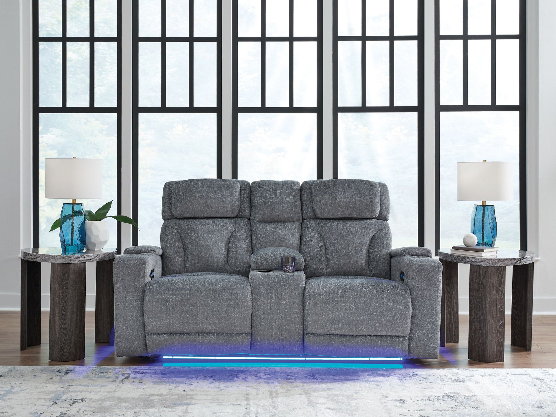 Studio Cave - Steel - Power Reclining Loveseat with Console - Hornell Furniture Outlet