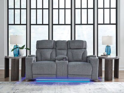 Studio Cave - Steel - Power Reclining Loveseat with Console - Hornell Furniture Outlet