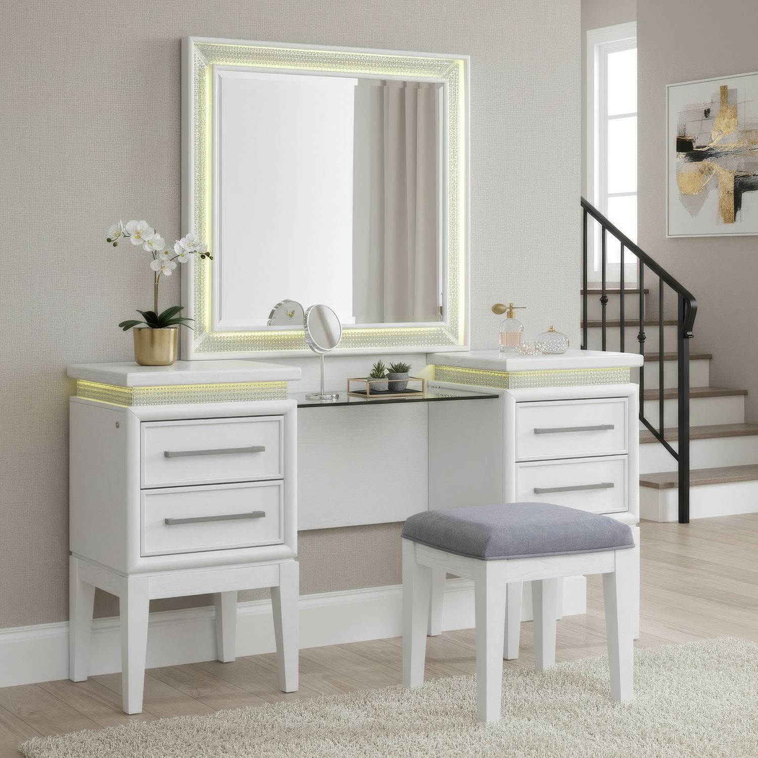 Reflections - 3 Piece Vanity Set - Pearl White & Rhinestone - Hornell Furniture Outlet