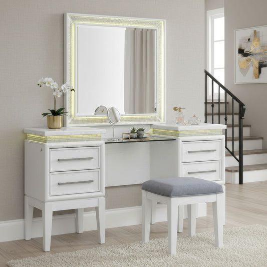 Reflections - 3 Piece Vanity Set - Pearl White & Rhinestone - Hornell Furniture Outlet
