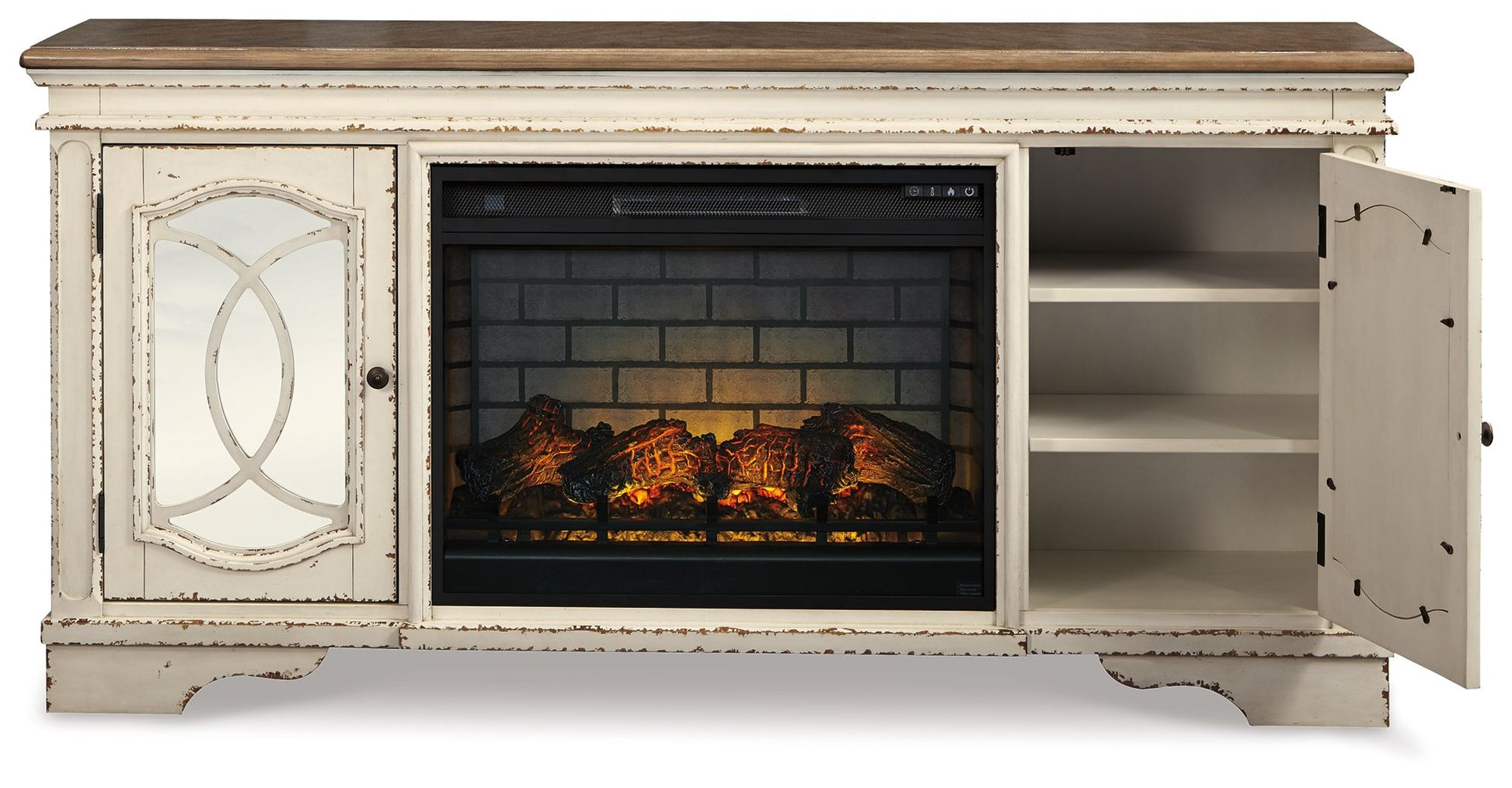 Realyn - Chipped White - 2 Pc. - 74" TV Stand with Electric Infrared Fireplace Insert - Hornell Furniture Outlet