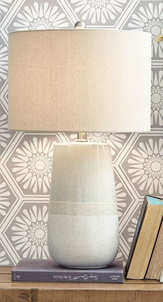 Shavon - Beige / White - Ceramic Table Lamp - Hornell Furniture Outlet