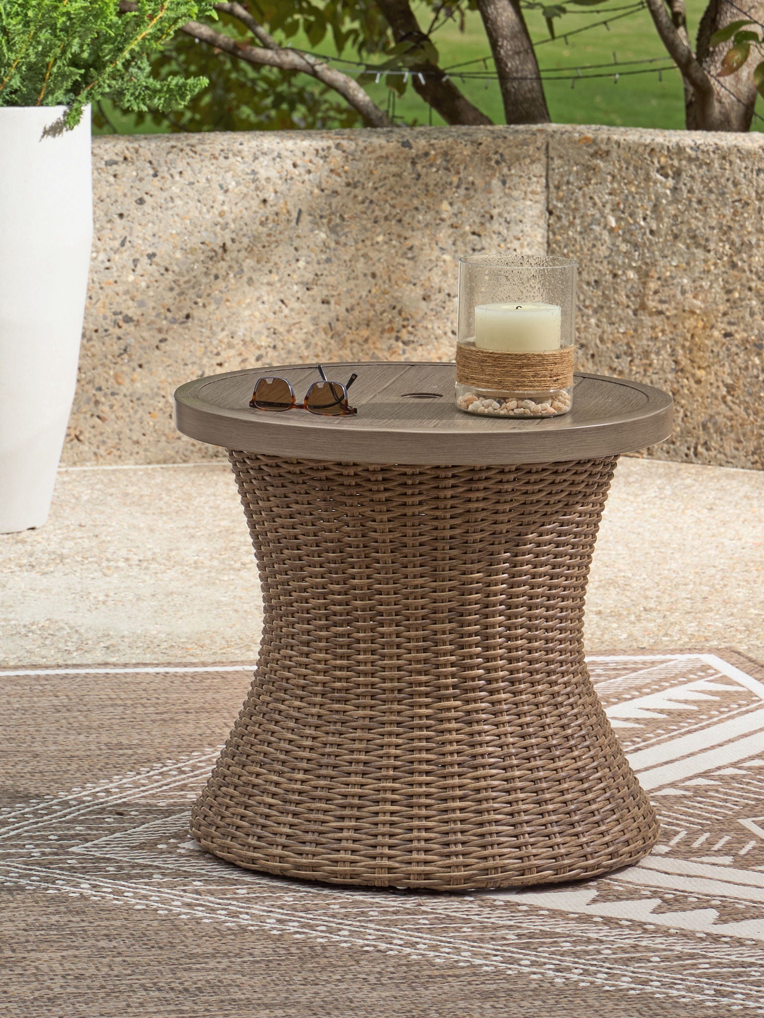 Laguna Heights - Round End Table With Umbrella Option - Beige - Hornell Furniture Outlet