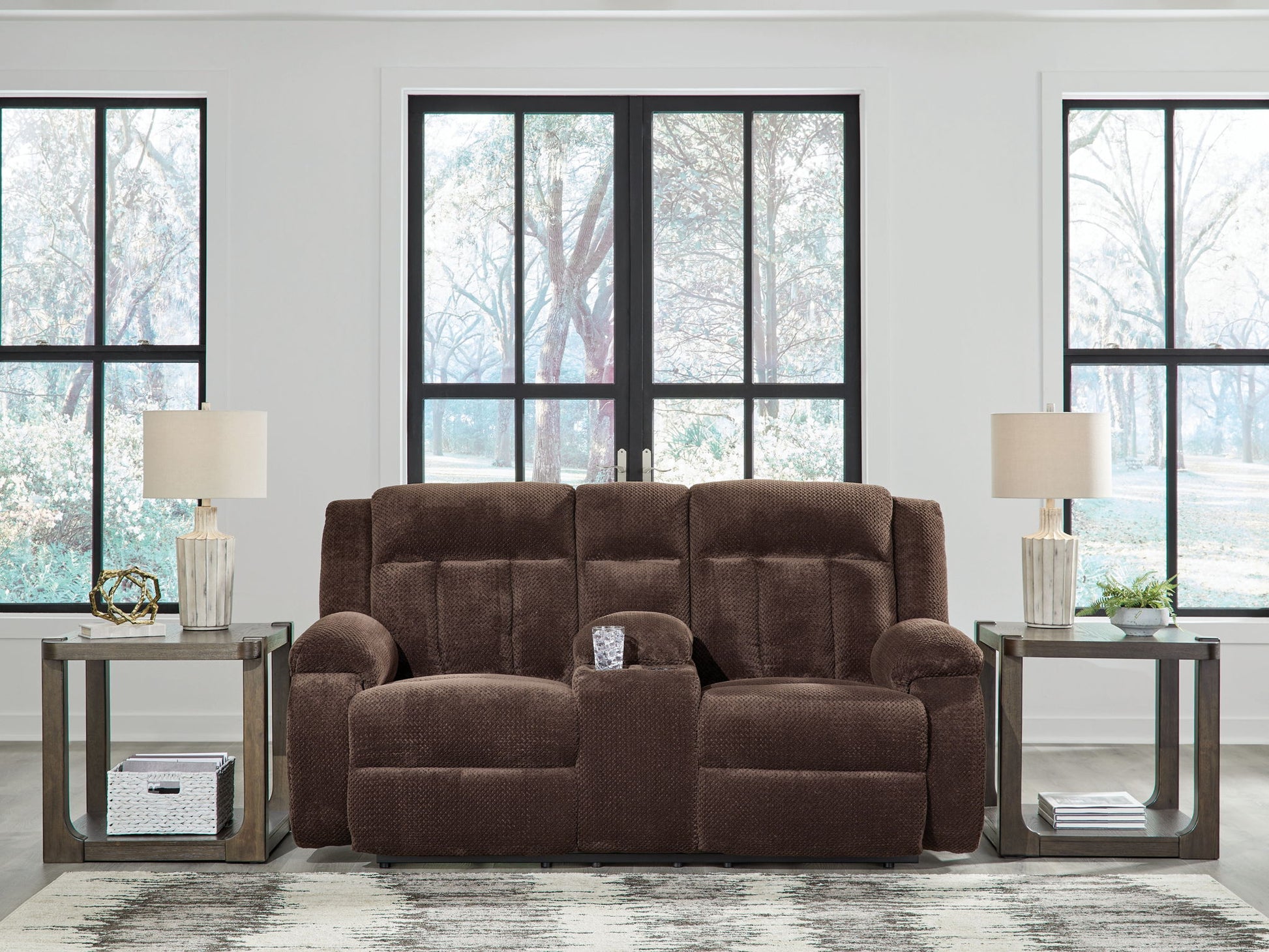 Free Wake - Chocolate - Double Relcining Power Loveseat With Console - Hornell Furniture Outlet