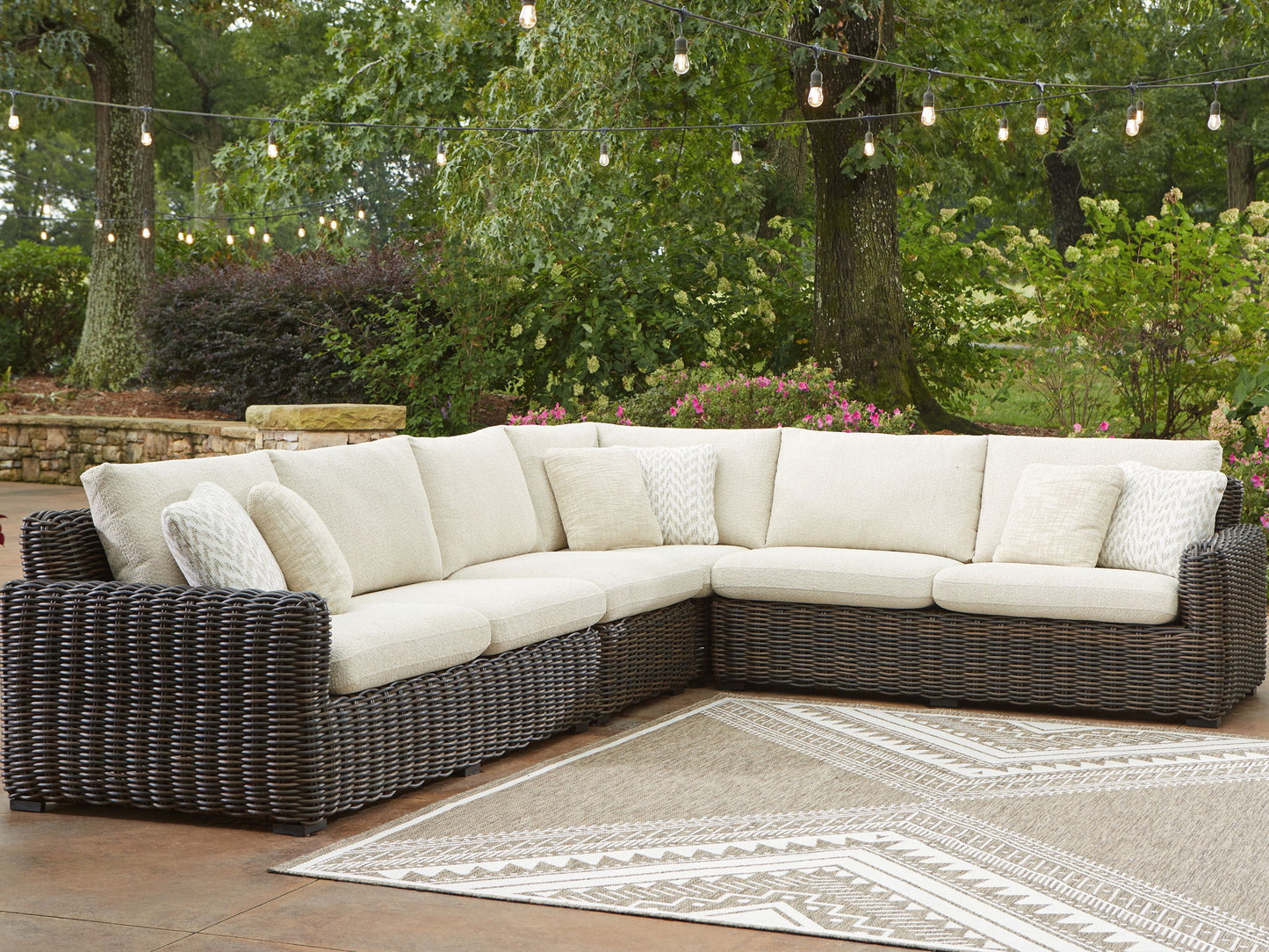 Kimora - 7 Pc. - 4 - Piece Outdoor Sectional, Swivel Glider Lounge, Cocktail Table, End Table - Beige / Dark Brown - Hornell Furniture Outlet