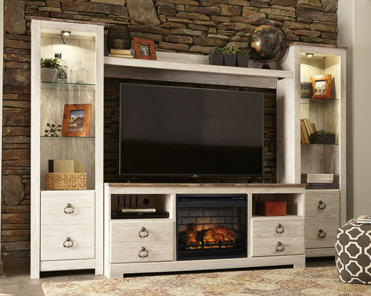 Willowton - Whitewash - Entertainment Center - TV Stand With Faux Firebrick Fireplace Insert - Hornell Furniture Outlet