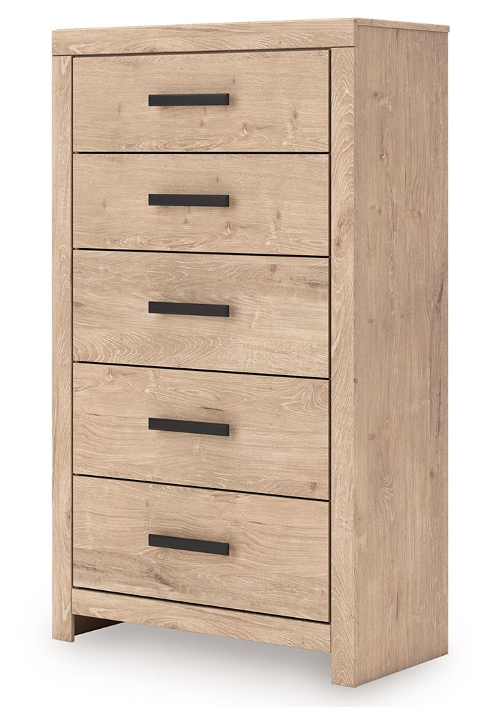 Sanginlane - Tan - Five Drawer Chest - Hornell Furniture Outlet