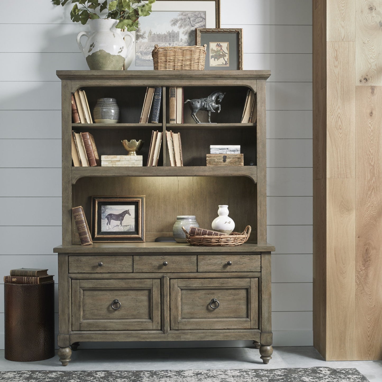 Americana Farmhouse - 3 Piece Home Office Set (Desk & Hutch) - Light Brown - Hornell Furniture Outlet