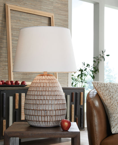 Darrich - Beige / White - Metal Table Lamp - Hornell Furniture Outlet