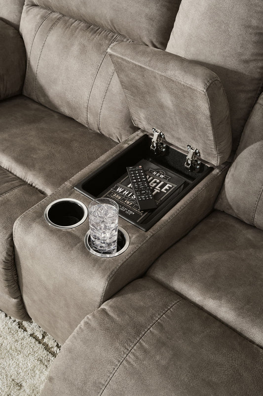 Laresview - Fossil - Dbl Reclining Loveseat with Console - Hornell Furniture Outlet