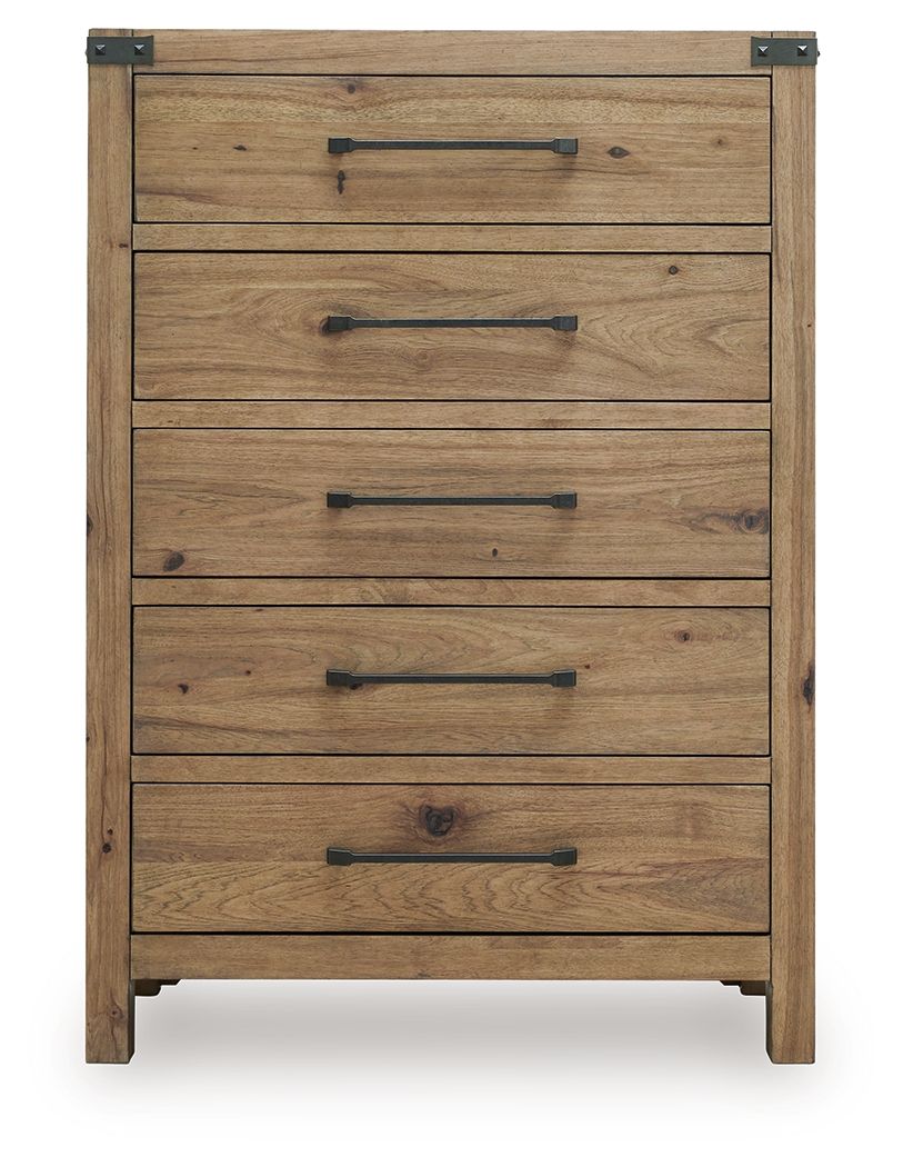 Ridgester - Five Drawer Chest - Light Brown - Hornell Furniture Outlet