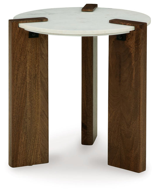 Isanti - White / Brown - Round End Table - Hornell Furniture Outlet