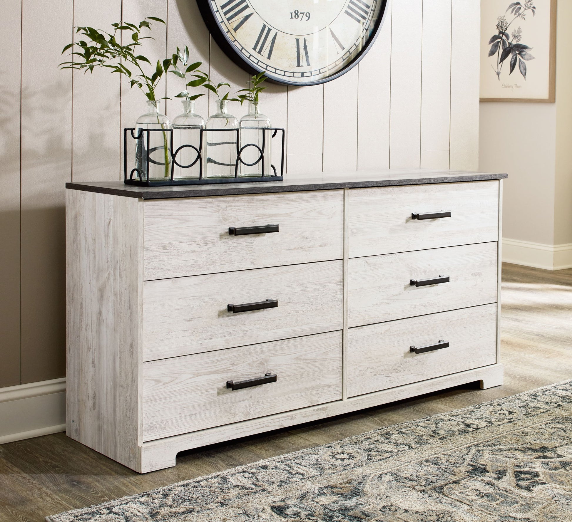 Shawburn - White / Black / Gray - Six Drawer Dresser - Pewter - tone pulls - Hornell Furniture Outlet
