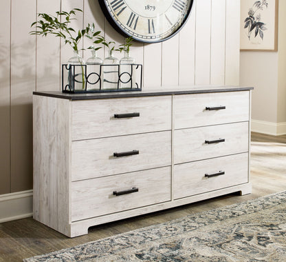 Shawburn - White / Black / Gray - Six Drawer Dresser - Pewter - tone pulls - Hornell Furniture Outlet