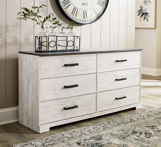 Shawburn - White / Black / Gray - Six Drawer Dresser - Pewter - tone pulls - Hornell Furniture Outlet