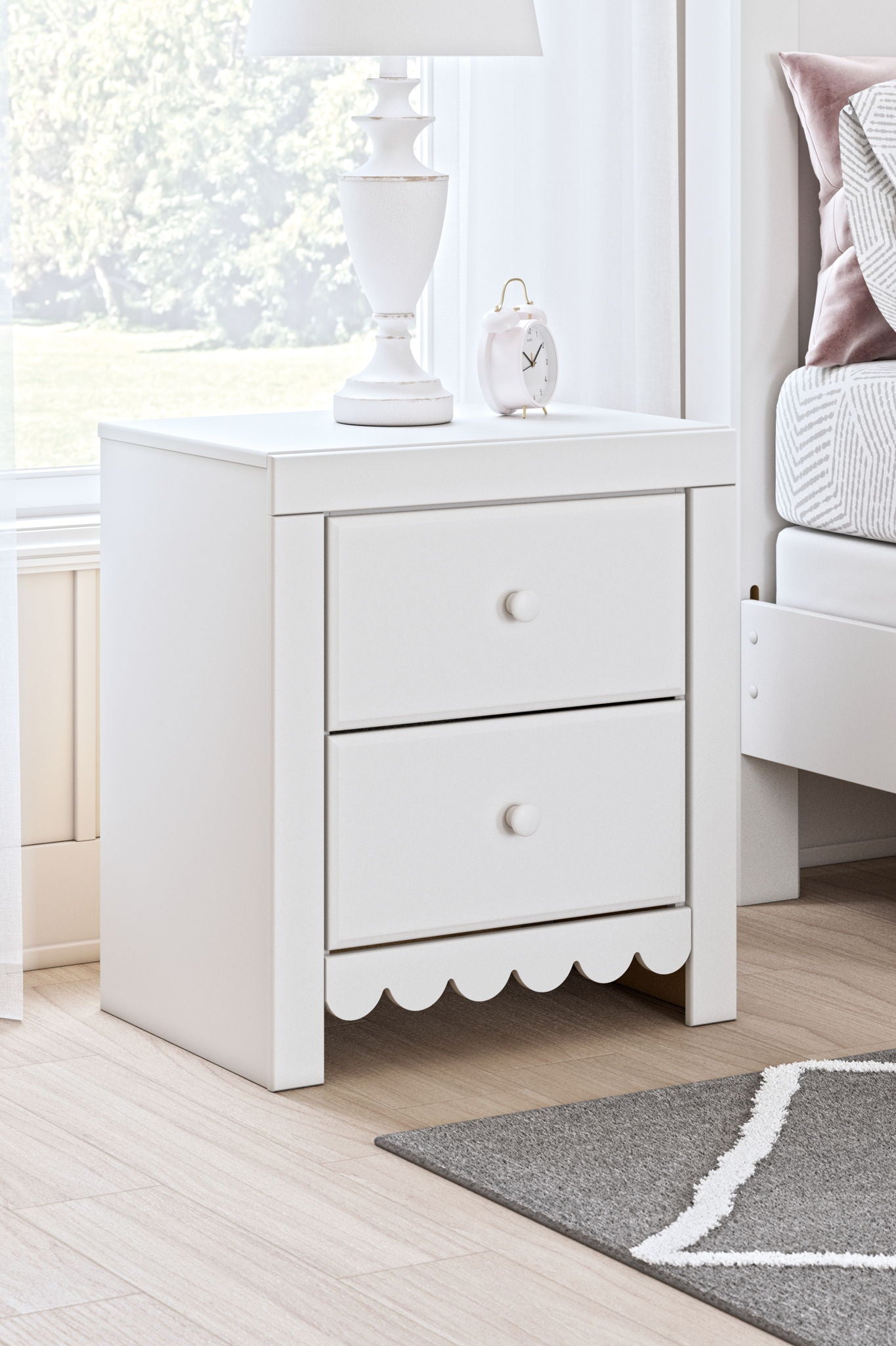 Mollviney - White - Two Drawer Night Stand - Hornell Furniture Outlet