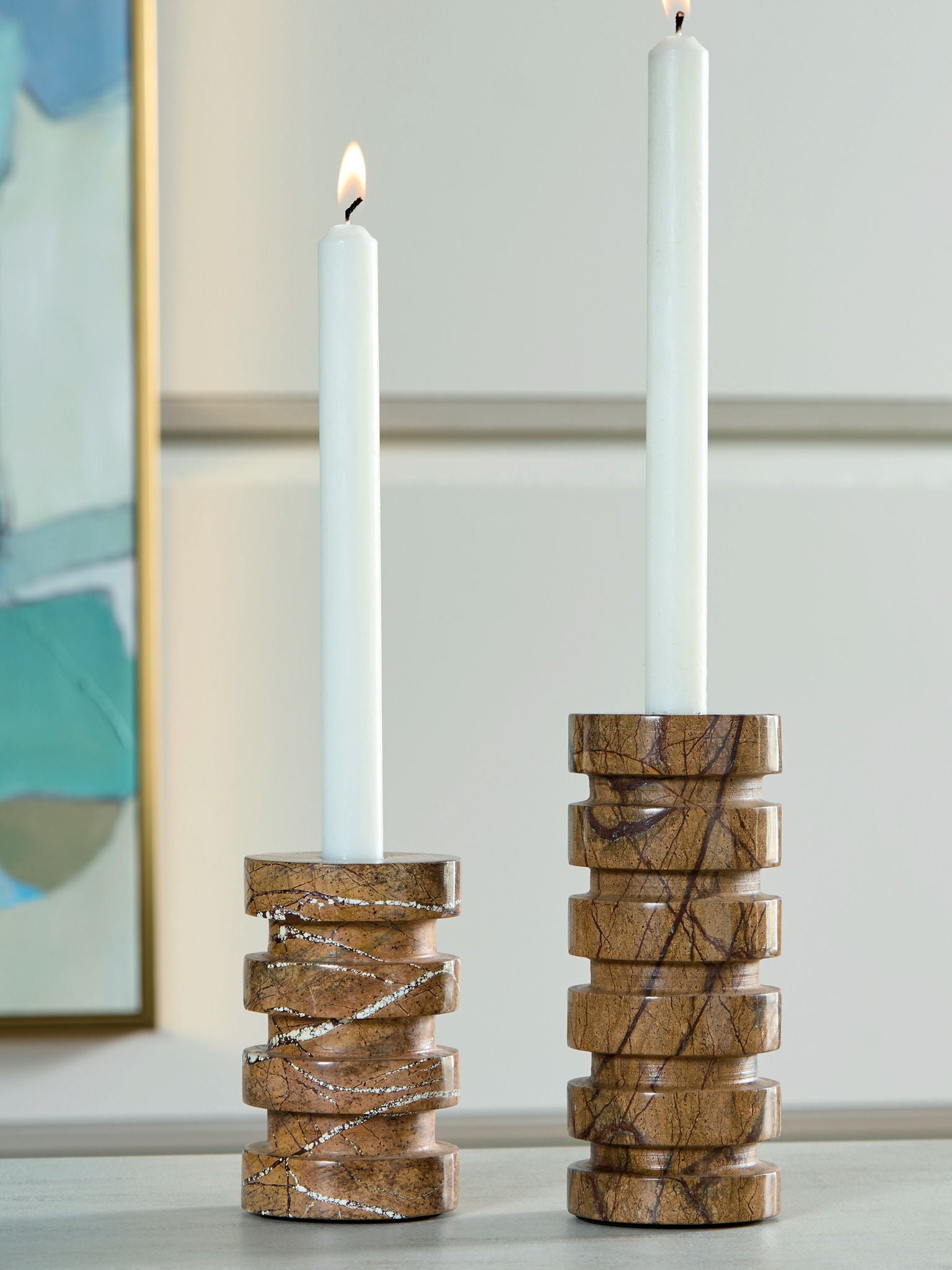 Emsleyfield - Tan - Candle Holder Set (Set of 2) - Hornell Furniture Outlet
