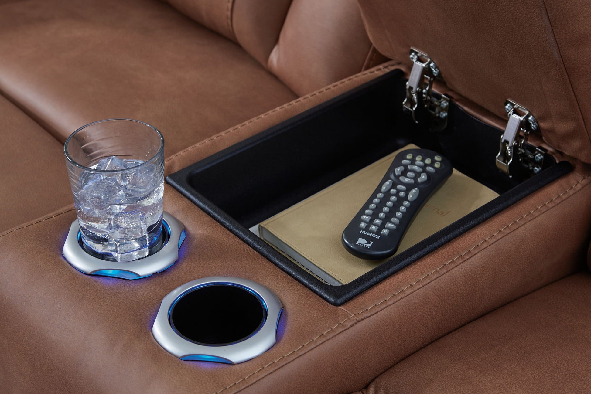 Clean - Slate - Caramel - Power Reclining Loveseat With Console / Adj Headrest - Hornell Furniture Outlet