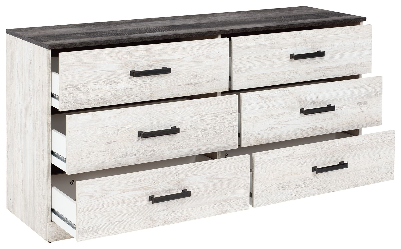 Shawburn - White / Black / Gray - Six Drawer Dresser - Pewter - tone pulls - Hornell Furniture Outlet