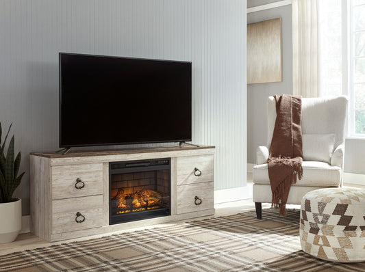 Willowton - Whitewash - 2 Pc. - TV Stand with Faux Firebrick Fireplace Insert - Hornell Furniture Outlet