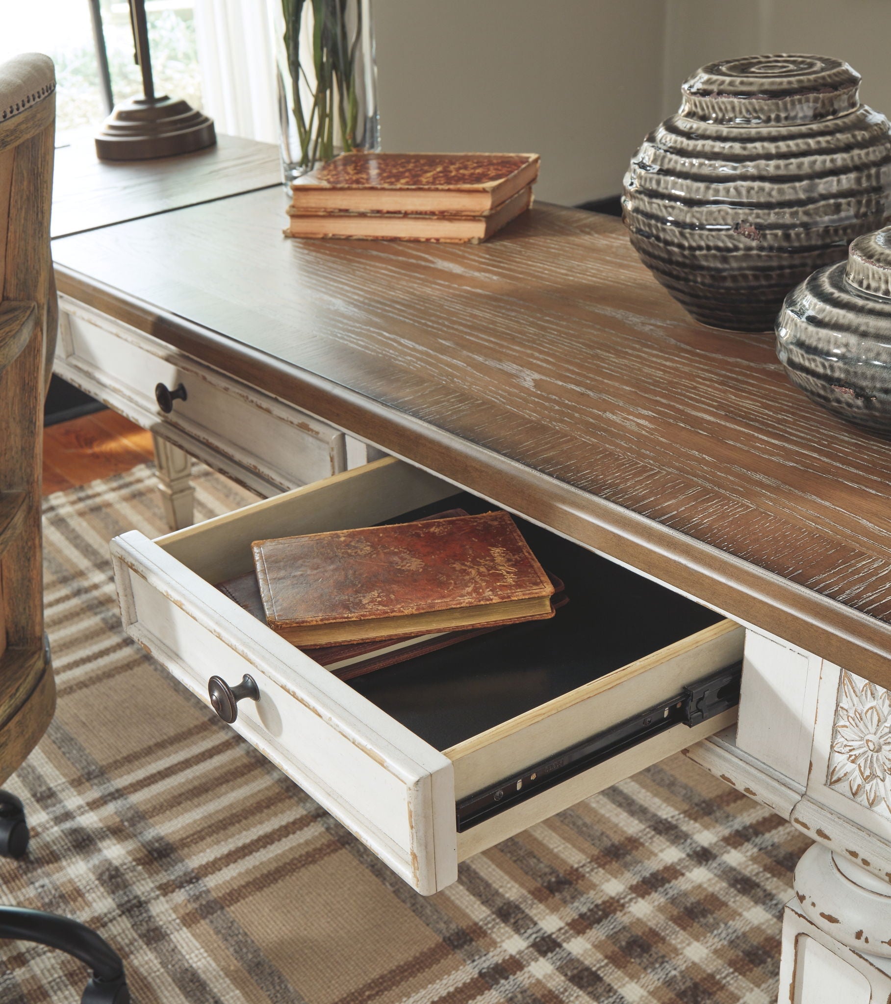 Realyn - White / Brown - L Shaped Desk with Lift Top - Hornell Furniture Outlet