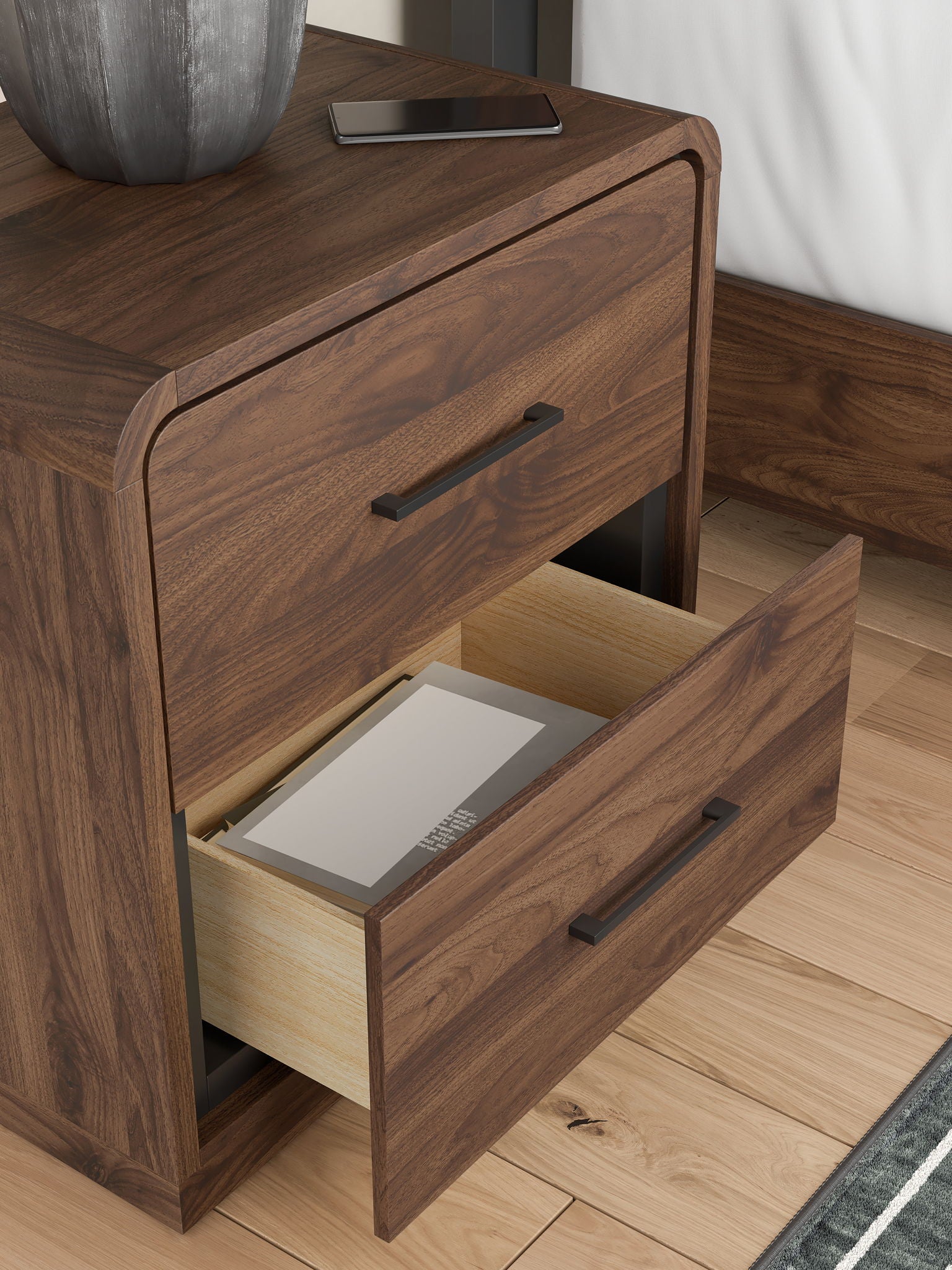 Fortlorn - Two Drawer Night Stand - Walnut Brown - Hornell Furniture Outlet