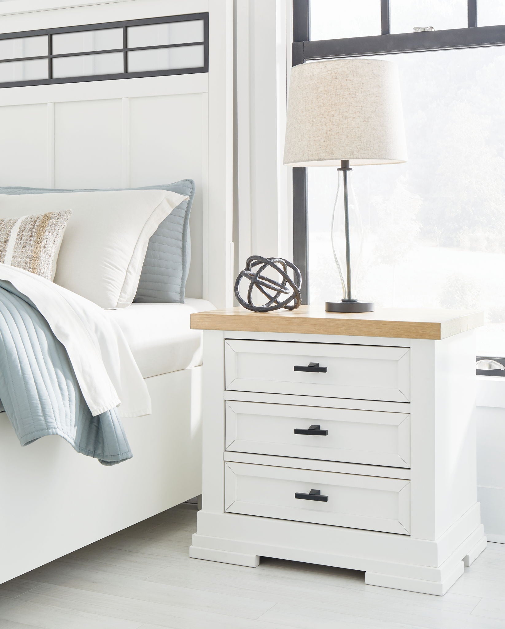 Ashbryn - White / Natural - Three Drawer Night Stand - Hornell Furniture Outlet