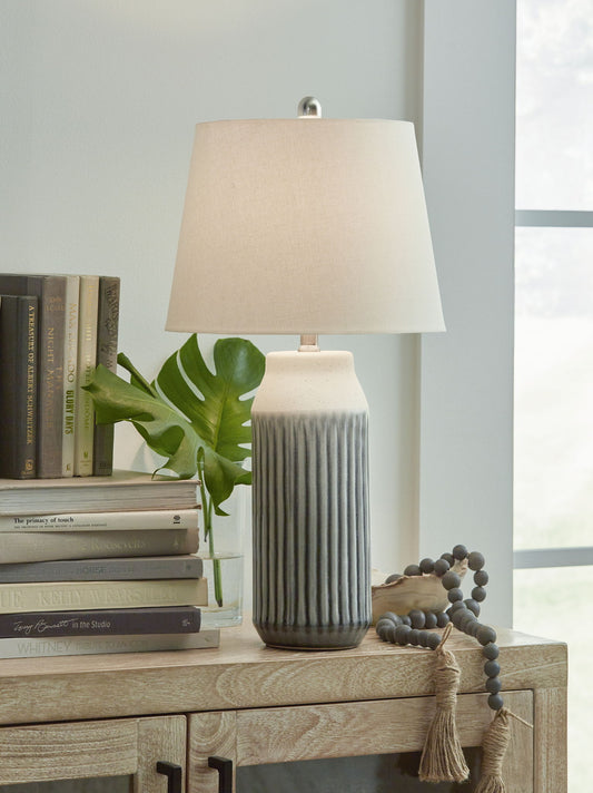 Afener - Blue / Beige - Ceramic Table Lamp (Set of 2) - Hornell Furniture Outlet