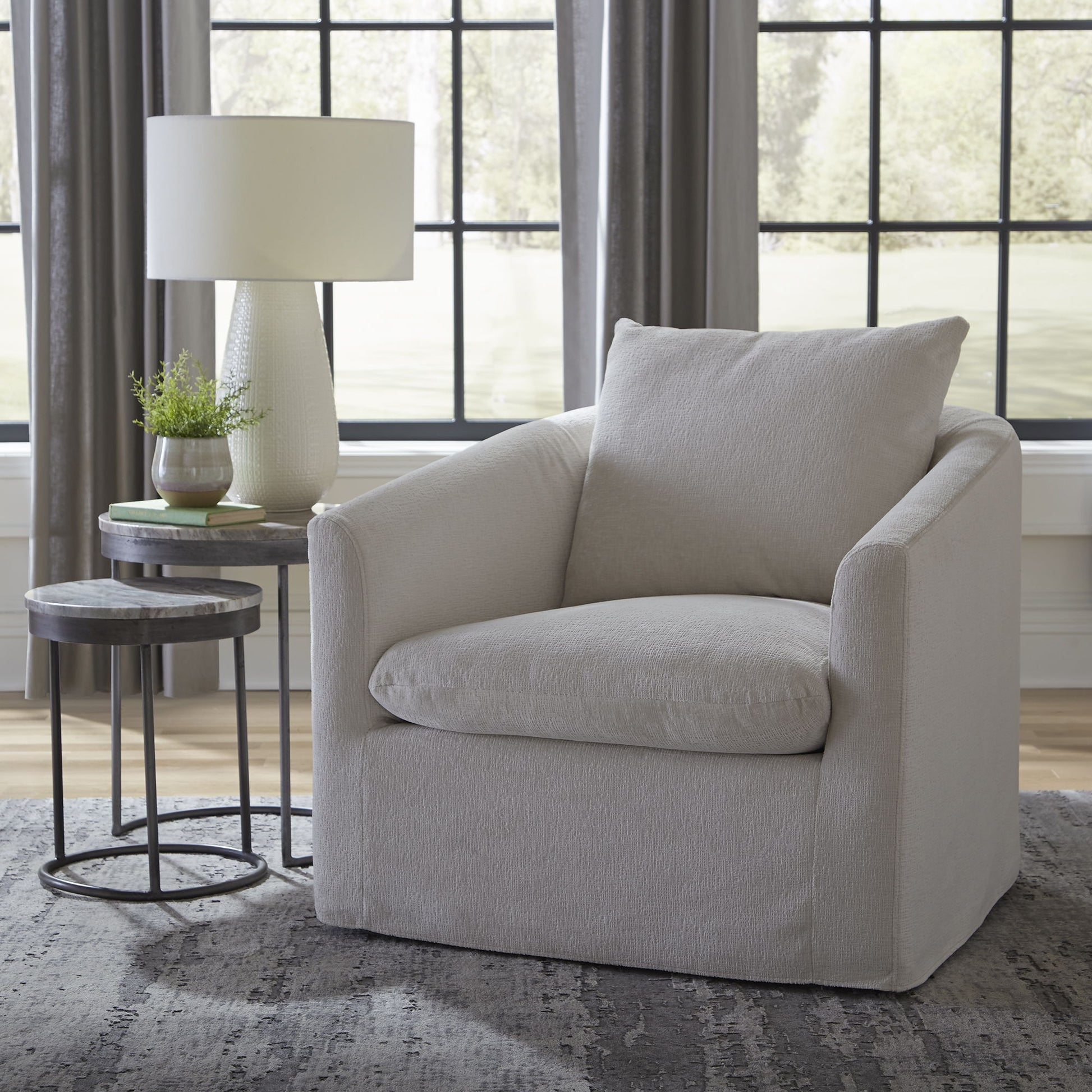 Saxton - Upholstered Swivel Accent Chair - Ivory - Hornell Furniture Outlet