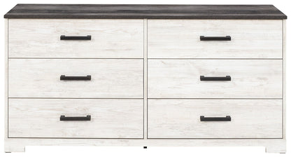Shawburn - White / Black / Gray - Six Drawer Dresser - Pewter - tone pulls - Hornell Furniture Outlet