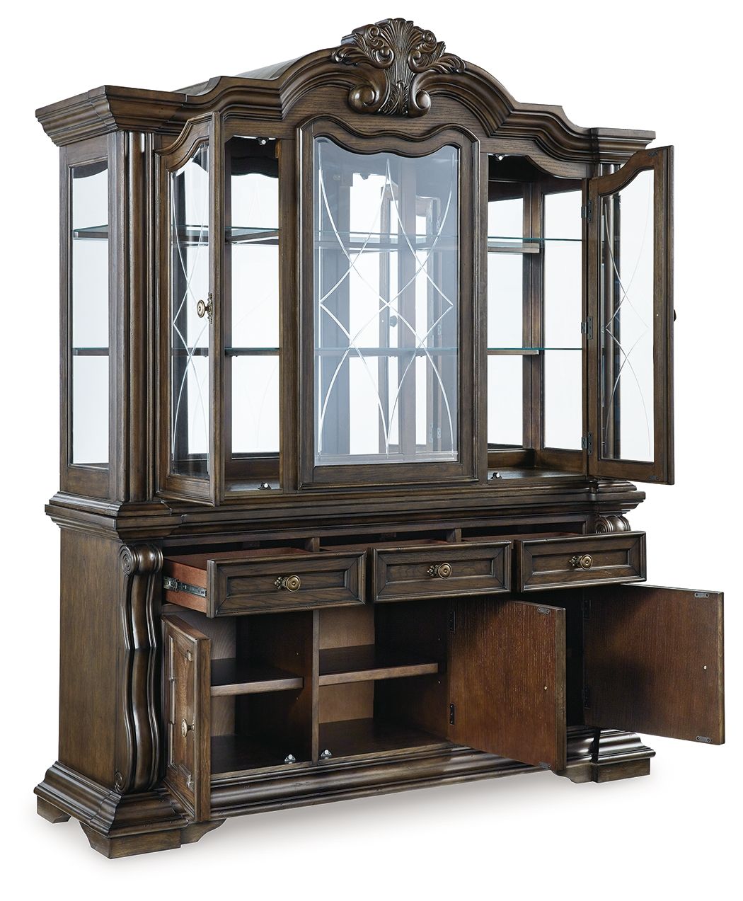 Maylee - 11 Pc. - Dining Extension Table, 4 Side Chairs, 2 Arm Chairs, Storage Bench, Buffet And Hutch - Dark Brown - Hornell Furniture Outlet