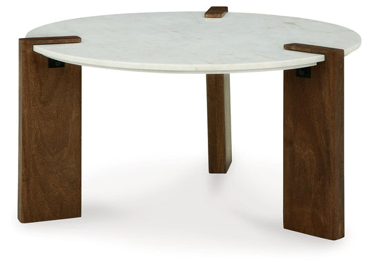 Isanti - White / Brown - Round Cocktail Table - Hornell Furniture Outlet