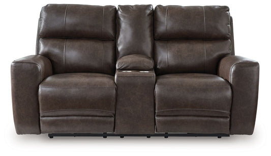 Crossplex - Smoke - Power Recline Loveseat / Console / Adjustable Headrest - Hornell Furniture Outlet