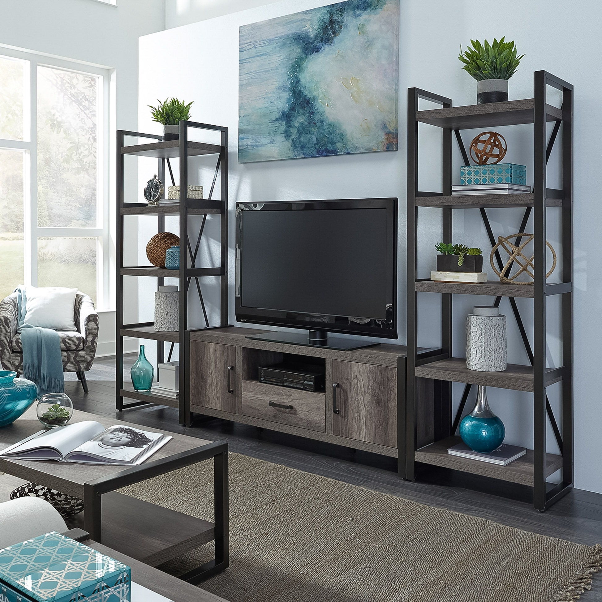 Tanners Creek - Entertainment Center With Piers (1 Center Drawer) - Dark Gray - Hornell Furniture Outlet