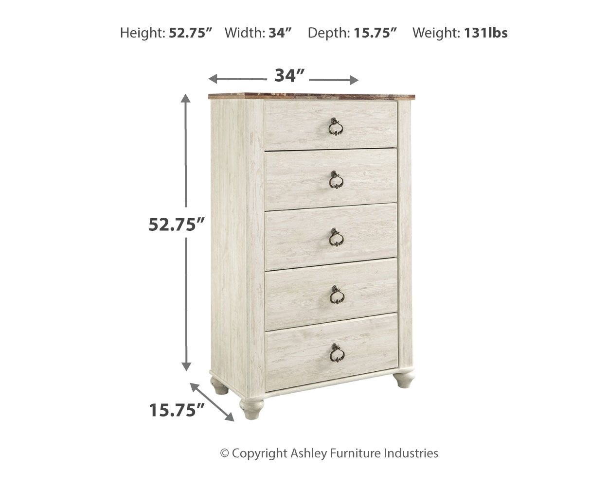 Willowton - Brown / Beige / White - Five Drawer Chest - Hornell Furniture Outlet