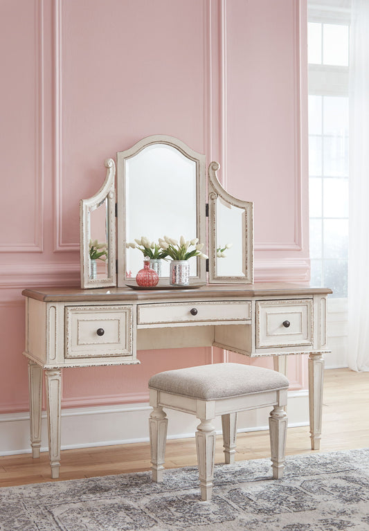 Realyn - White / Brown / Beige - Vanity/Mirror/Stool (Set of 3) - Hornell Furniture Outlet