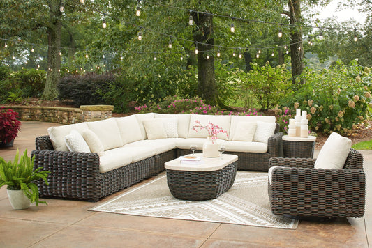 Kimora - Beige / Dark Brown - 7 Pc. - 4 - Piece Outdoor Sectional, Swivel Glider Lounge, Cocktail Table, End Table - Hornell Furniture Outlet