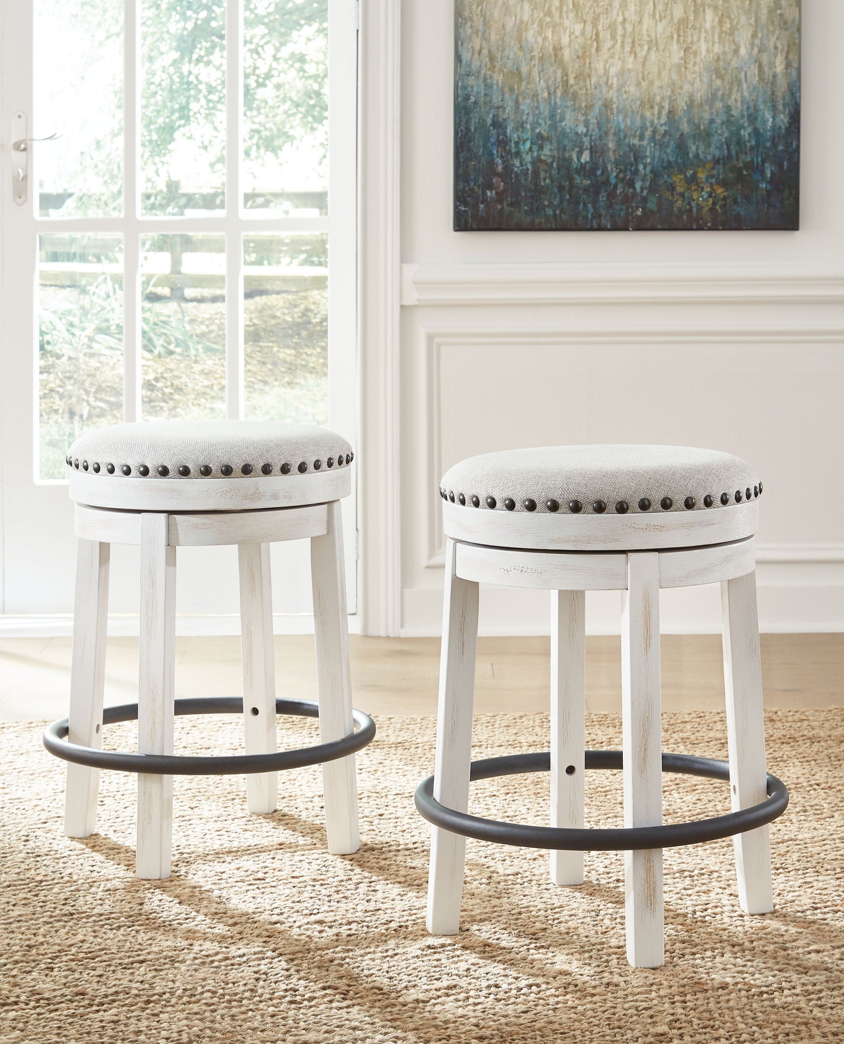 Valebeck - 5 Pc. - Counter Table With Wine Rack, 4 Swivel Stools - White / Brown - Hornell Furniture Outlet